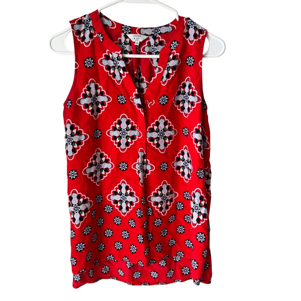 Crown & Ivy Petite Red Pineapple Geometric Sleeveless Rayon Blouse PM RN31104